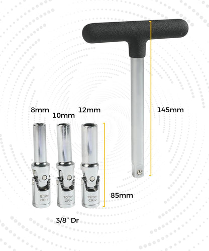 Set ključeva za grejače 3/8" sa zglobom 4 kom (8, 10, 12 mm + T-ručica)